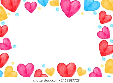 Watercolor hearts frame with hand drawn vector illustration for card or invite, scrapbook or cover. Cute vector background for Valentines day decoration