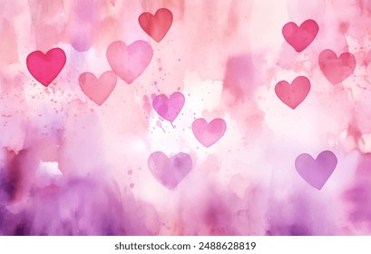 Watercolor hearts on a pink and purple vector background. St Valentine day vivid pink and purple backdrop, with dynamic and imaginative energy infused with affection. 