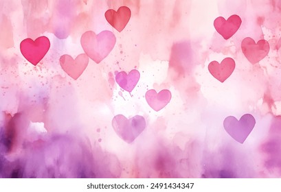 Watercolor hearts on a pink and purple vector background. St Valentine day vivid pink and purple backdrop, with dynamic and imaginative energy infused with affection