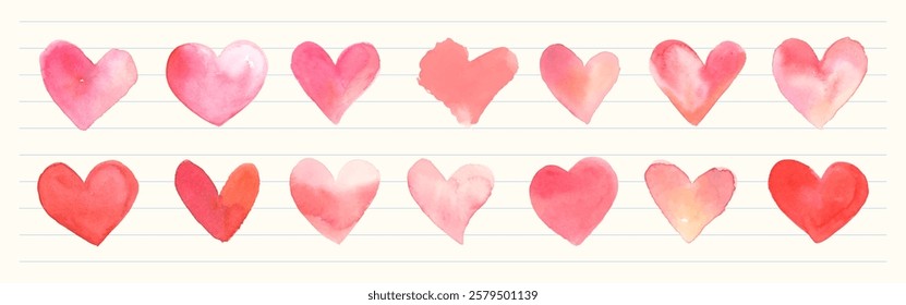 Watercolor hearts in pink and red shades, arranged in a row. Romantic and artistic heart design, perfect for Valentine's Day or love-themed projects. Valentine illustrations, isolated vector set.