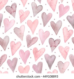 Watercolor Hearts Seamless Background. Pink Tiled Pattern From Heart Shapes Isolated On White. Romantic Texture In Pastel Colors Hand Drawn With Paints.