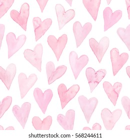Watercolor hearts seamless background. Pink watercolor heart pattern. Colorful watercolor romantic texture. 