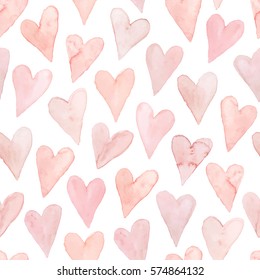 Watercolor Hearts Seamless Background. Pink Watercolor Heart Pattern. Colorful Watercolor Romantic Texture.