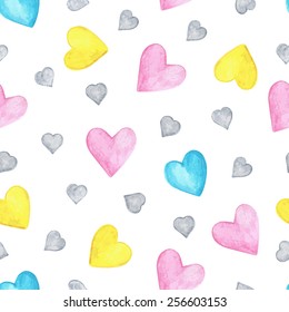 Watercolor Hearts seamless pattern. Colorful hearts. Love. Valentine's Day background. Watercolor drawing handmade - vector