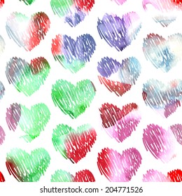 Watercolor hearts seamless pattern on white background for wedding design. Vector