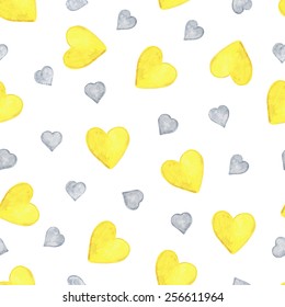 Watercolor Hearts seamless pattern. Yellow and Gray hearts. Watercolor drawing handmade - vector