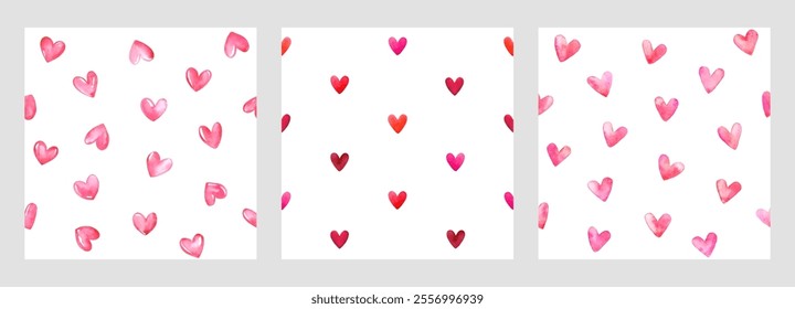 Watercolor hearts seamless repeat vector patterns collection. Hand brush drawn cute painted endless backgrounds set, Valentine's Day templates. Artistic watercolor stains various heart shapes.