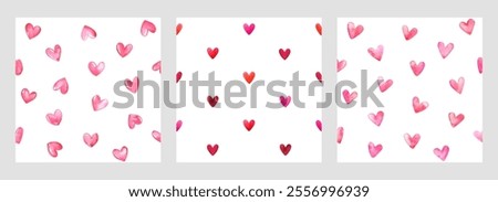 Watercolor hearts seamless repeat vector patterns collection. Hand brush drawn cute painted endless backgrounds set, Valentine's Day templates. Artistic watercolor stains various heart shapes.
