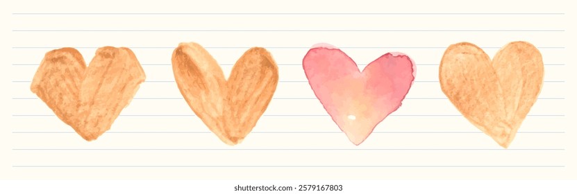 Watercolor hearts in shades of orange and pink on lined paper. Four hearts, watercolor style, lined background. Artistic hearts, watercolor effect, lined paper. Valentine illustrations, vector set.