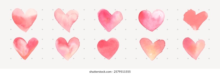 Watercolor hearts in shades of pink and red, arranged in two rows. Each heart has a unique texture and hue, creating a charming and artistic pattern. Valentine illustrations, isolated vector set.