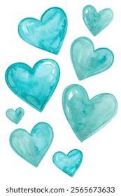 Watercolor hearts, turquoise shades, artistic design, romantic theme, decorative elements, love symbols, vibrant colors.