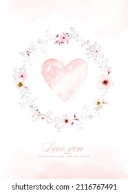 Watercolor heart-shaped in a wreath of pink flowers and leaves. Hand-painted watercolor suitable for Valentine's Day, Wedding Invitation, save the date, thank you, poster, or greeting card.