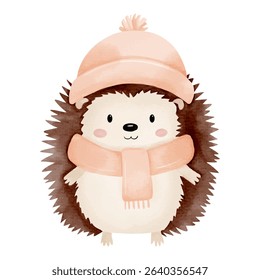 Watercolor hedgehog in warm winter clothes. Hand painted illustration on white background