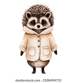 Watercolor hedgehog in winter clothes. Cute animals in warm clothes. Illustration with hand drawn hedgehog.