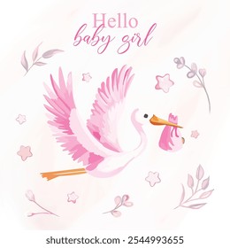 Watercolor "Hello Baby" baby set with "It's a Girl" design, perfect for gender reveal parties and baby celebrations.