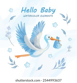 Aquarela "Hello Baby" com uma cegonha entregando o bebê, perfeito para anúncios de bebês e celebrações de recém-nascidos.