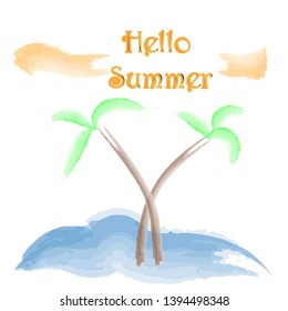 Watercolor Hello Summer with colorful background