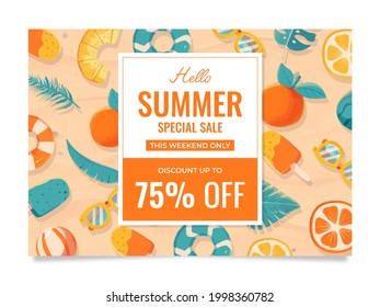 Watercolor Hello Summer sale banner on beautiful orange background with a square frame. Premium Vector
