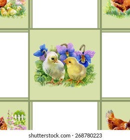 Watercolor Hens and chicks in yard tiled seamless pattern background vector illustration 