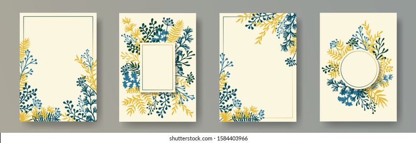 Watercolor herb twigs, tree branches, leaves floral invitation cards templates. Plants borders creative cards design with dandelion flowers, fern, lichen, olive tree leaves, savory twigs.