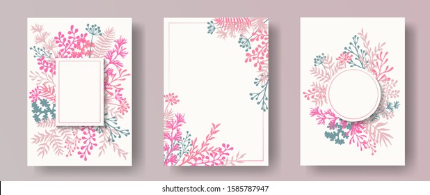 Watercolor herb twigs, tree branches, flowers floral invitation cards templates. Herbal corners creative invitation cards with dandelion flowers, fern, mistletoe, olive branches, savory twigs.