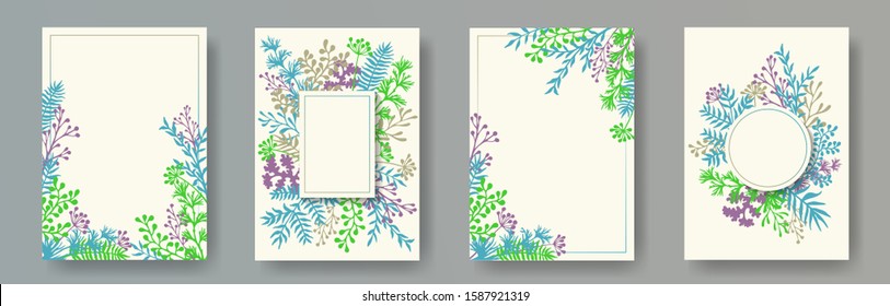 Watercolor herb twigs, tree branches, leaves floral invitation cards collection. Plants borders elegant invitation cards with dandelion flowers, fern, mistletoe, olive tree leaves, sage twigs.