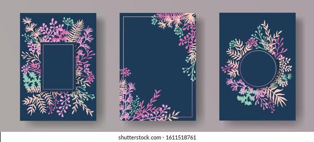 Watercolor herb twigs, tree branches, flowers floral invitation cards templates. Herbal frames modern invitation cards with dandelion flowers, fern, lichen, olive tree leaves, sage twigs.