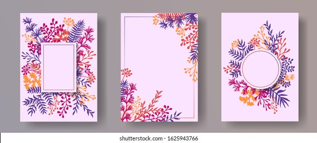 Watercolor herb twigs, tree branches, leaves floral invitation cards collection. Herbal frames natural cards design with dandelion flowers, fern, mistletoe, olive tree leaves, savory twigs.