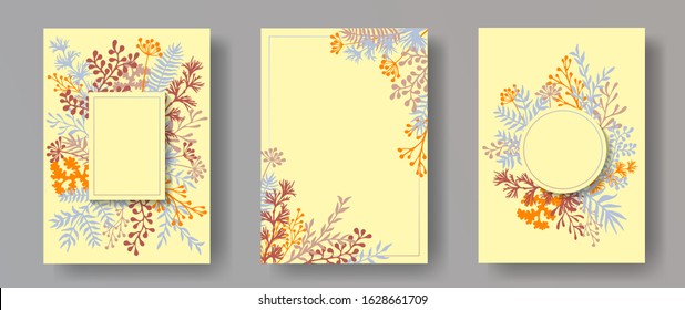 Watercolor herb twigs, tree branches, flowers floral invitation cards collection. Herbal frames vintage cards design with dandelion flowers, fern, lichen, olive tree leaves, sage twigs.