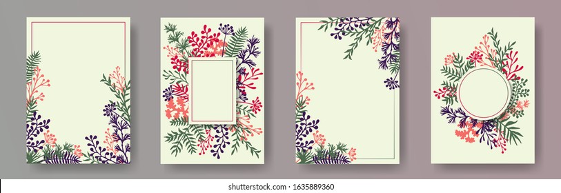 Watercolor herb twigs, tree branches, flowers floral invitation cards set. Herbal corners creative invitation cards with dandelion flowers, fern, mistletoe, olive branches, sage twigs.
