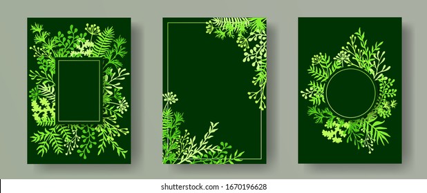 Watercolor herb twigs, tree branches, flowers floral invitation cards collection. Bouquet wreath romantic invitation cards with dandelion flowers, fern, mistletoe, olive tree leaves, savory twigs.
