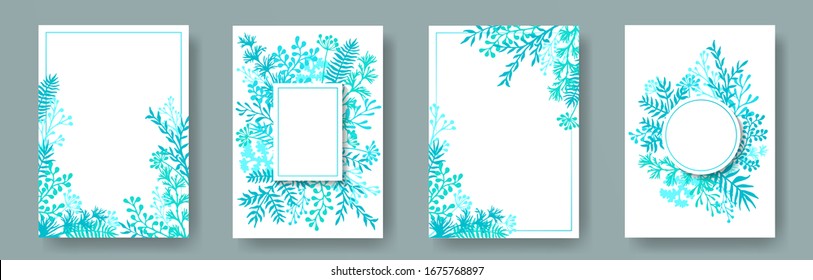 Watercolor herb twigs, tree branches, flowers floral invitation cards templates. Herbal frames rustic invitation cards with dandelion flowers, fern, mistletoe, olive branches, sage twigs.