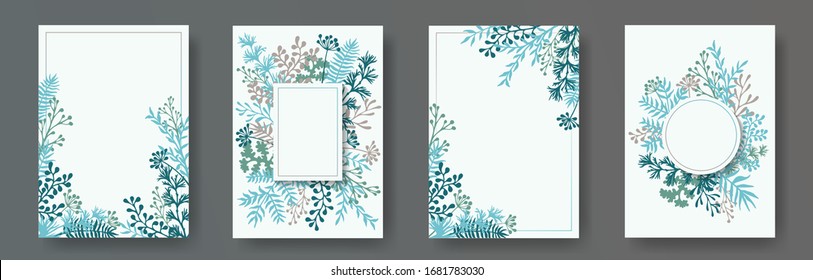 Watercolor herb twigs, tree branches, flowers floral invitation cards collection. Plants borders modern invitation cards with dandelion flowers, fern, mistletoe, eucalyptus leaves, sage twigs.