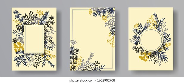 Watercolor herb twigs, tree branches, flowers floral invitation cards collection. Bouquet wreath retro cards design with dandelion flowers, fern, lichen, olive tree leaves, sage twigs.