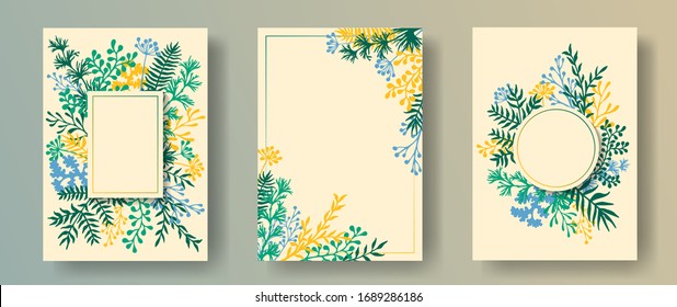 Watercolor herb twigs, tree branches, flowers floral invitation cards set. Bouquet wreath romantic cards design with dandelion flowers, fern, lichen, eucalyptus leaves, savory twigs.