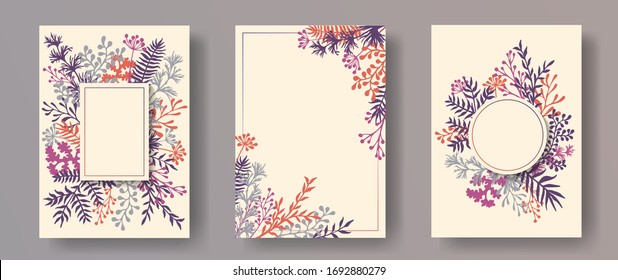 Watercolor herb twigs, tree branches, leaves floral invitation cards templates. Plants borders vintage invitation cards with dandelion flowers, fern, lichen, olive tree leaves, savory twigs.