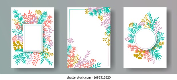 Watercolor herb twigs, tree branches, leaves floral invitation cards collection. Bouquet wreath rustic cards design with dandelion flowers, fern, lichen, eucalyptus leaves, savory twigs.