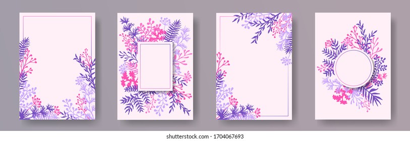 Watercolor herb twigs, tree branches, flowers floral invitation cards set. Herbal frames modern cards design with dandelion flowers, fern, mistletoe, eucalyptus leaves, sage twigs.