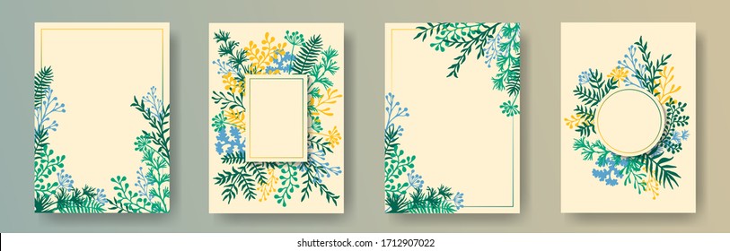 Watercolor herb twigs, tree branches, leaves floral invitation cards set. Bouquet wreath modern cards design with dandelion flowers, fern, mistletoe, eucalyptus leaves, sage twigs.