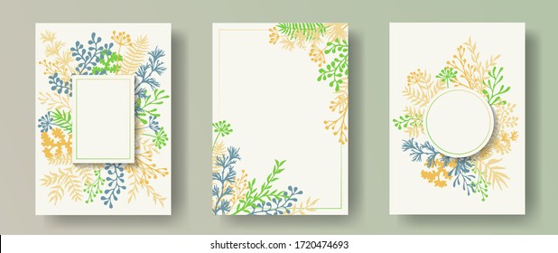 Watercolor herb twigs, tree branches, flowers floral invitation cards set. Bouquet wreath creative invitation cards with dandelion flowers, fern, lichen, olive tree leaves, sage twigs.