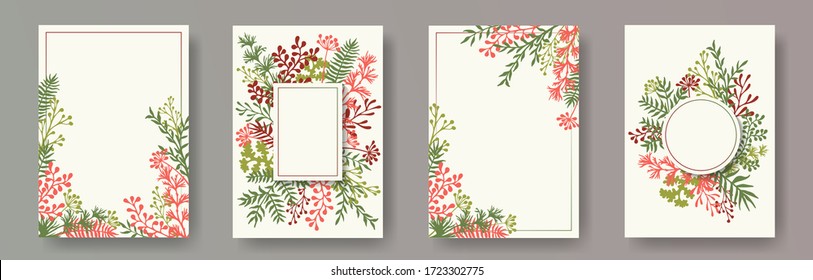 Watercolor herb twigs, tree branches, flowers floral invitation cards templates. Bouquet wreath rustic cards design with dandelion flowers, fern, lichen, olive tree leaves, savory twigs.