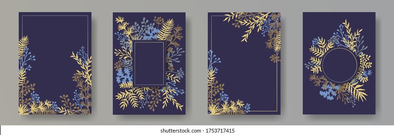 Watercolor herb twigs, tree branches, leaves floral invitation cards collection. Bouquet wreath retro cards design with dandelion flowers, fern, mistletoe, eucalyptus leaves, sage twigs.