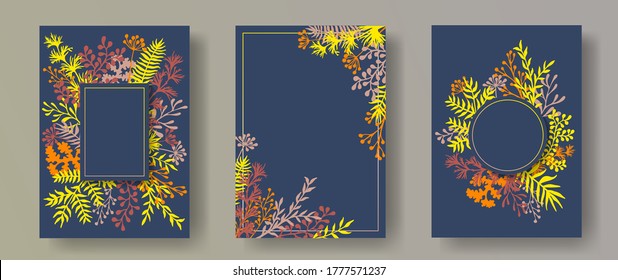 Watercolor herb twigs, tree branches, leaves floral invitation cards collection. Bouquet wreath elegant invitation cards with dandelion flowers, fern, lichen, olive branches, savory twigs.