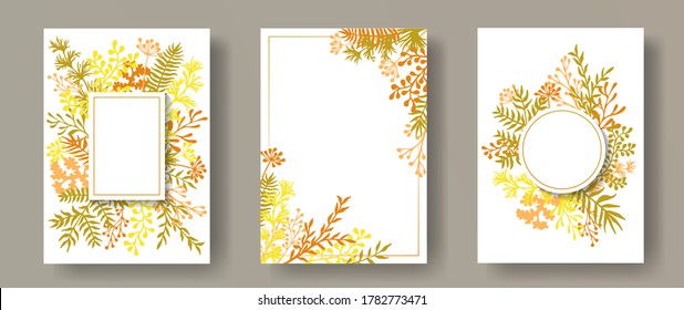 Watercolor herb twigs, tree branches, flowers floral invitation cards collection. Bouquet wreath elegant cards design with dandelion flowers, fern, lichen, eucalyptus leaves, savory twigs.