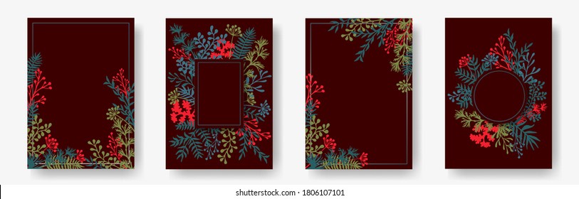 Watercolor herb twigs, tree branches, leaves floral invitation cards templates. Herbal corners romantic invitation cards with dandelion flowers, fern, mistletoe, eucalyptus leaves, savory twigs.