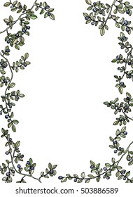 Watercolor herbal frame blueberry twigs