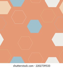 Watercolor hexagon seamless pattern. Abstract marbling geometric background with grunge texture. Abstract geometrical hexagon elements in 80s or 90s.  Hand painted colorful illustration