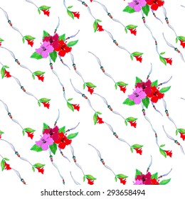 Watercolor Hibiscus flower, Leaf & Beaded Ribbon seamless pattern on white background. Watercolor texture. Cloth & rug design. Red, Purple, Bordo, Green & White vector backdrop. Boho style.