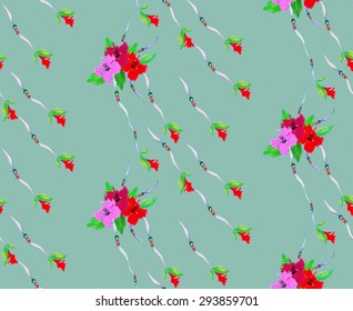 Watercolor Hibiscus flower, Leaf & Beaded Ribbon seamless pattern on blue green background. Watercolor texture. Cloth & rug design. Red, Purple, Bordo, Green & Blue Green vector backdrop. Boho style.