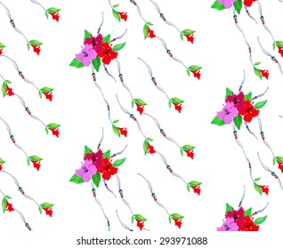 Watercolor Hibiscus flower, Leaf & Beaded Ribbon seamless pattern on white background. Watercolor texture. Cloth & rug design. Red, Purple, Bordo, Green & White vector backdrop. Boho style.